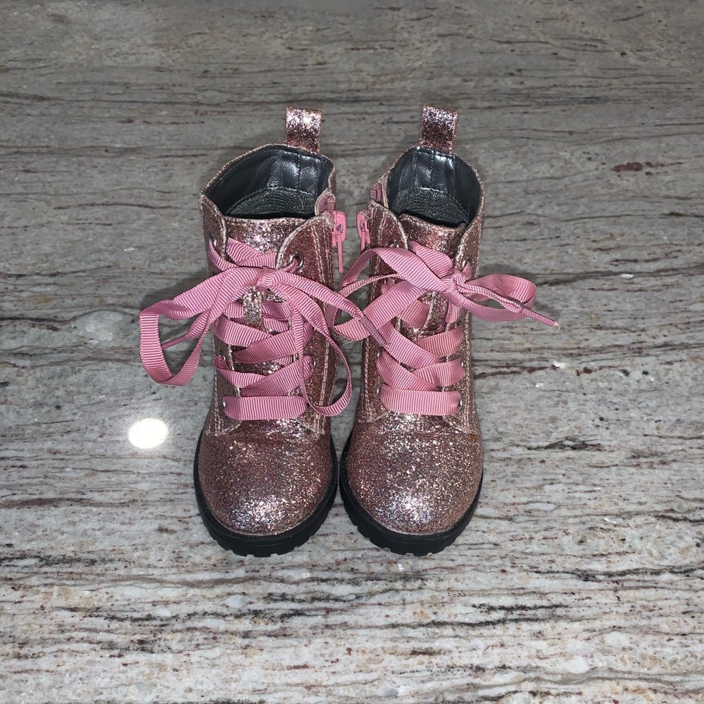 Pink sparkle glitter lace up toddler boots
